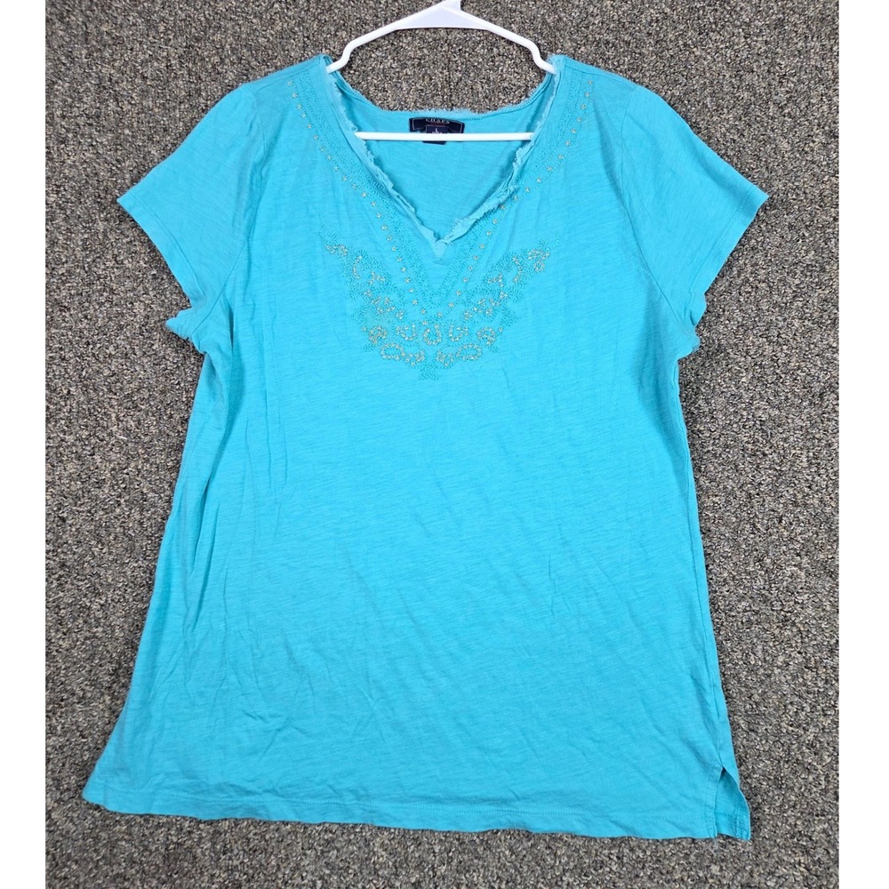 Chaps Denim T-Shirt Women Large Blue Beaded Embroidered V-Neck Cotton Top